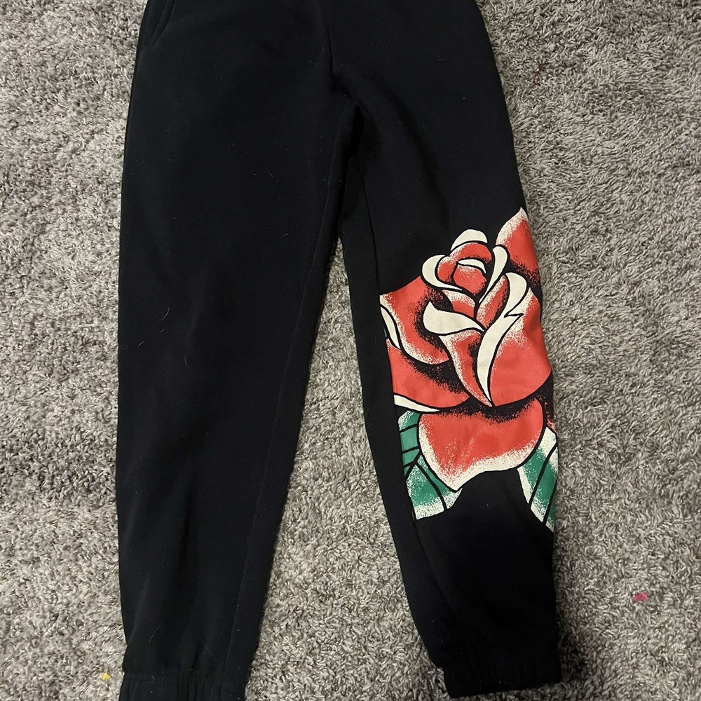 Kids Black Joggers with Red Rose Design